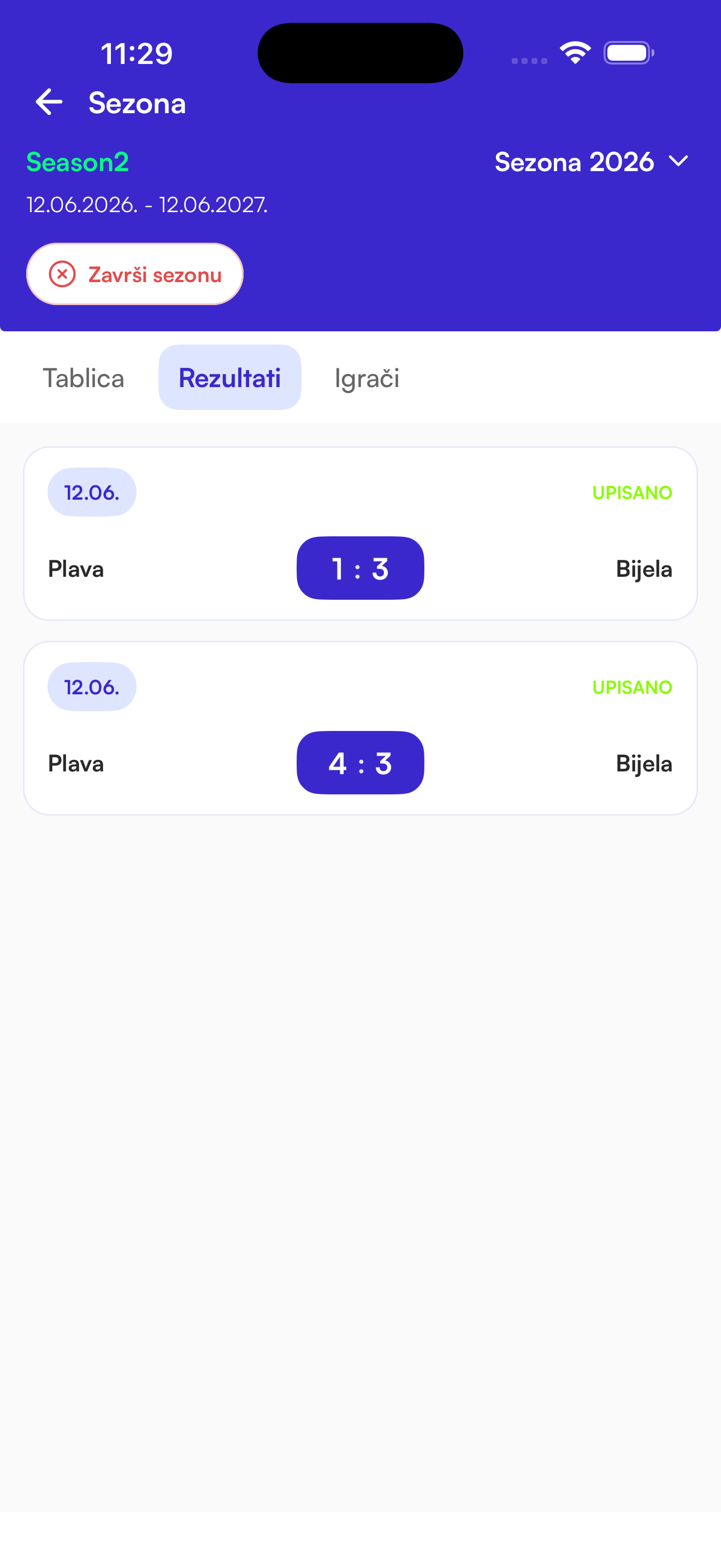 SportSync prikaz: Rezultati